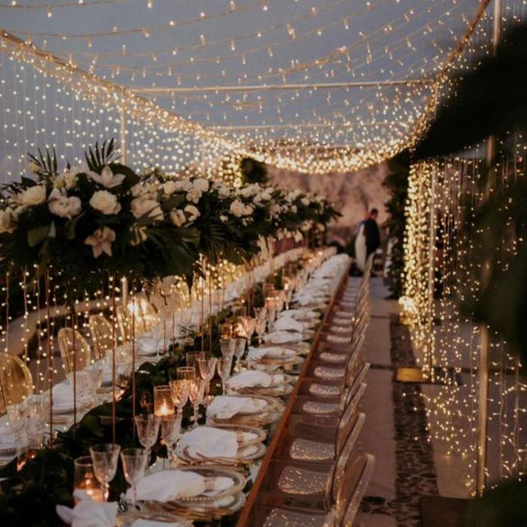 Fairy Light Marquee at wedding dinner