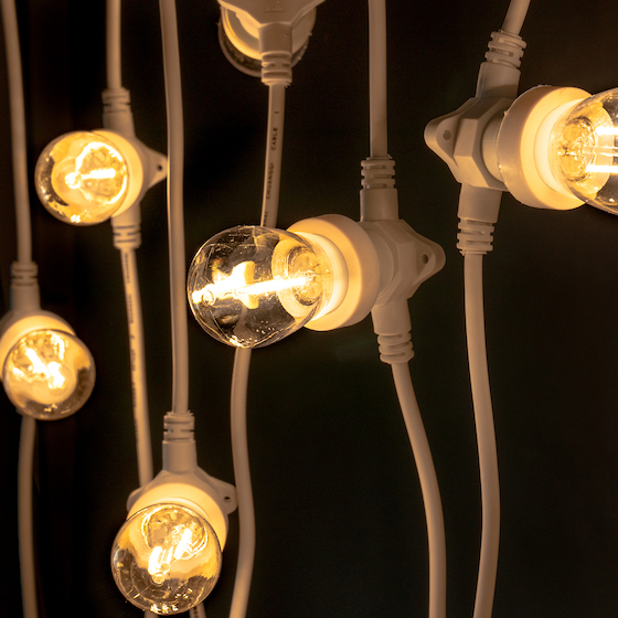 White festoon cables and glowing bulbs